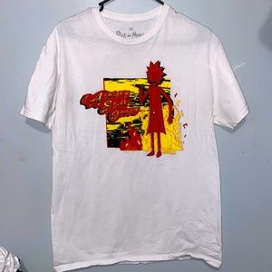 An all white Rick and Morty shirt that’s says “Always slay queen”